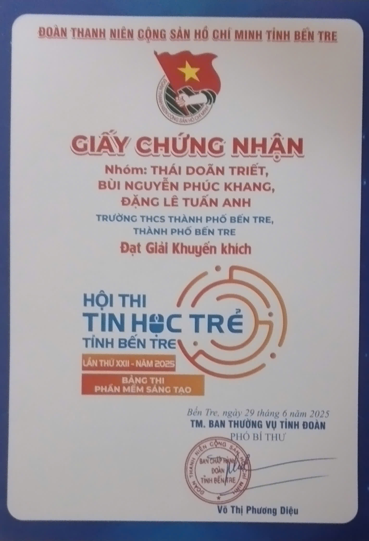 Giải Khuyến Khích Tin học trẻ cấp Tỉnh